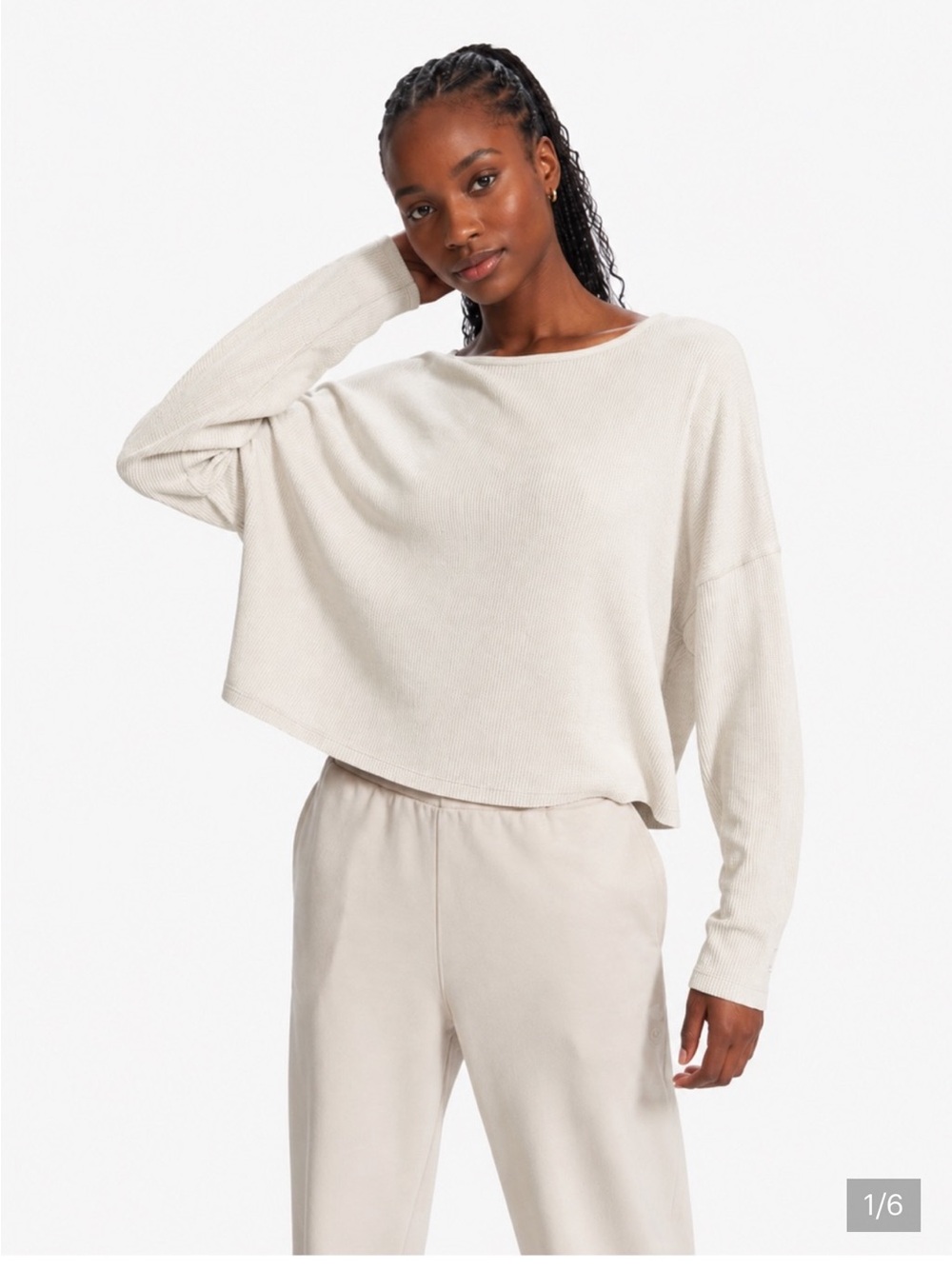 Vuori Slouchy Waffle Knit Oversized LS Crewneck Shirt Marshmallow Sz XS/S VW1047